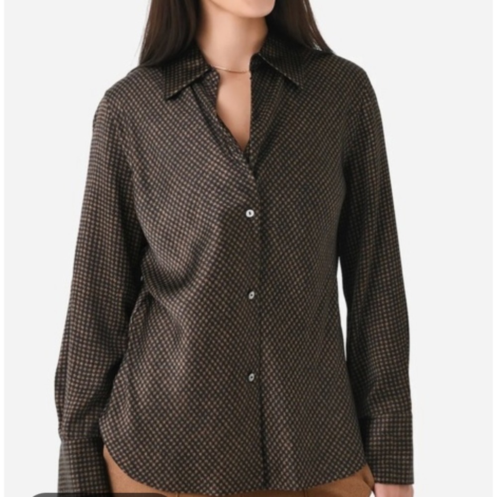 Vince Womens 100% Silk Blouse Sz Small Brown/Black Houndstooth Button Front AT
